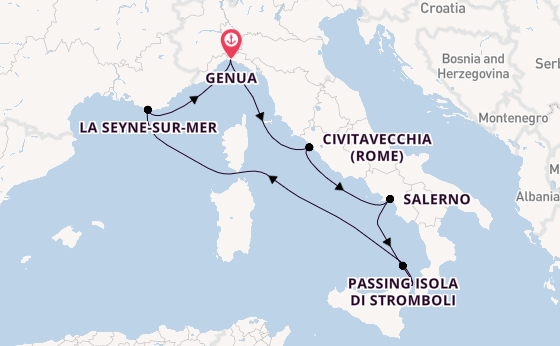 Westelijke Middellandse Zee vanaf Genua, Italië met de Costa Fascinosa