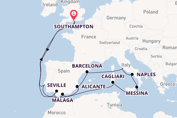 Western Mediterranean from Southampton, England with the Queen Anne