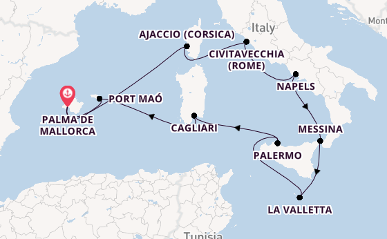 Westelijke Middellandse Zee vanaf Palma de Mallorca, Mallorca, Spanje met AIDAstella