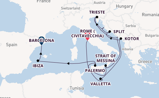 Mediterranean Sea from Rome (Civitavecchia), Italy with the Queen Elizabeth