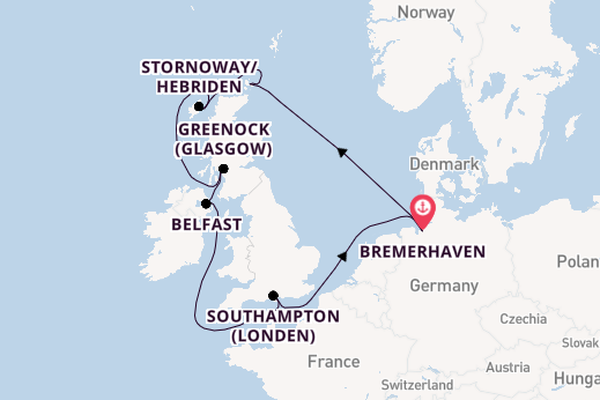 Verenigd Koninkrijk vanaf Bremerhaven, Duitsland met de Mein Schiff 2 