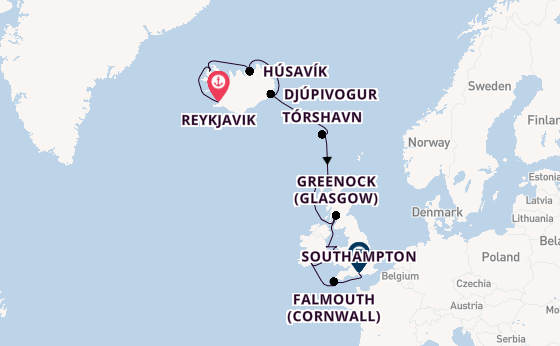 British Isles from Reykjavik, Iceland with the Marina