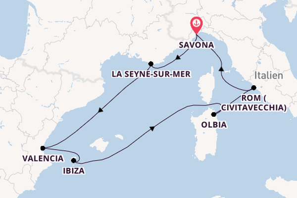 Westliches Mittelmeer ab Savona, Italien auf der Costa Pacifica