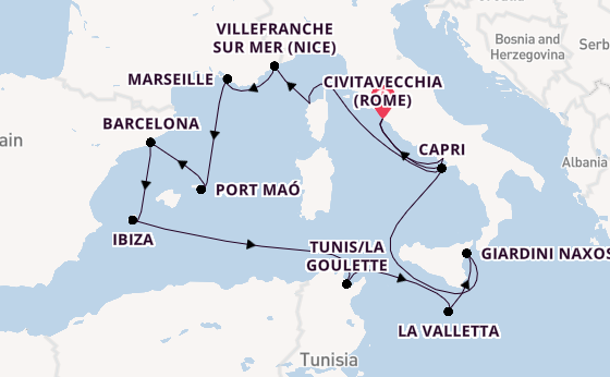 Westelijke Middellandse Zee vanaf Civitavecchia (Rome), Italië met de EXPLORA I