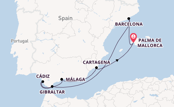 Westelijke Middellandse Zee vanaf Palma de Mallorca, Mallorca, Spanje met de Mein Schiff 2 