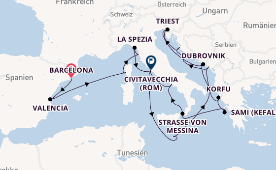 Mittelmeer ab Barcelona, Spanien auf der Queen Elizabeth