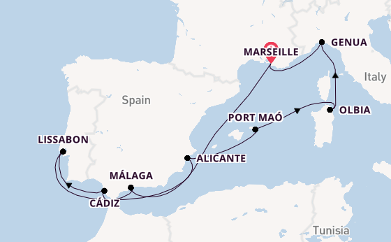Westelijke Middellandse Zee vanaf Marseille, Frankrijk met de MSC Sinfonia