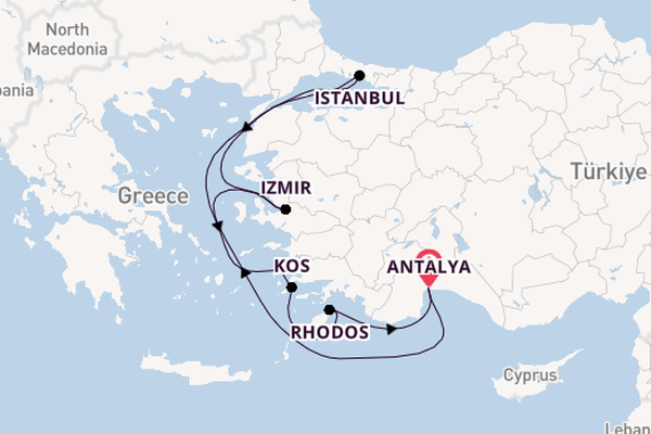 Oostelijke Middellandse Zee vanaf Antalya, Turkije met AIDAstella