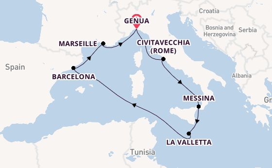 Westelijke Middellandse Zee vanaf Genua, Italië met de MSC World Asia