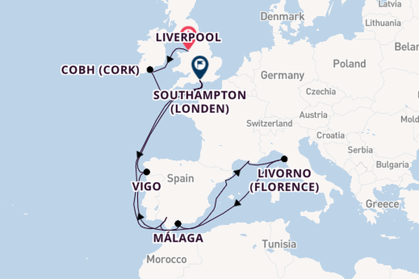 Westelijke Middellandse Zee vanaf Liverpool, Engeland met de Queen Mary 2