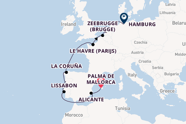 Westelijke Middellandse Zee vanaf Palma de Mallorca, Mallorca, Spanje met AIDAperla