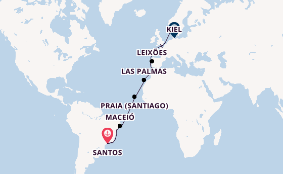 trans-Atlantisch vanaf Santos, Brazilië met de Costa Diadema