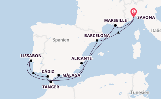 Westliches Mittelmeer ab Savona, Italien auf der Costa Diadema