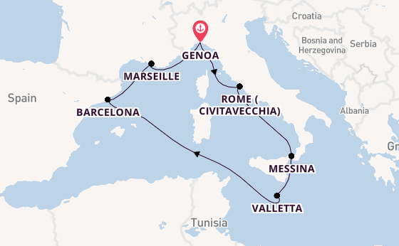 Western Mediterranean from Genoa, Italy with the MSC World Asia