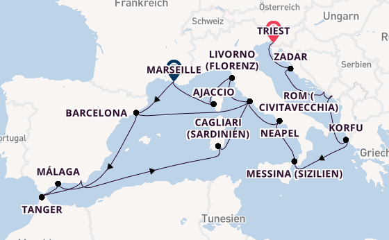 Mittelmeer ab Triest, Italien auf der Oosterdam