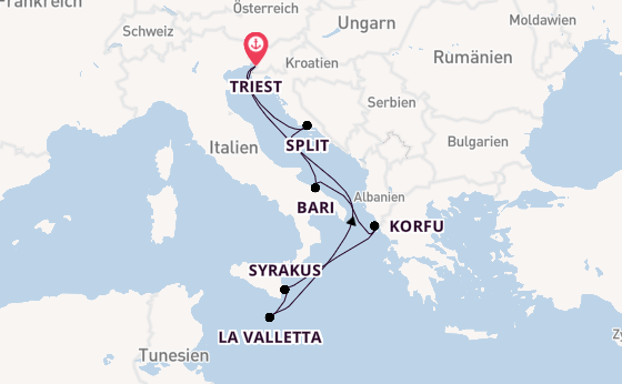 Mittelmeer ab Triest, Italien auf der Costa Deliziosa