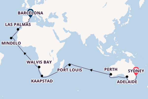 Westelijke Middellandse Zee vanaf Sydney, Australië met de Crown Princess