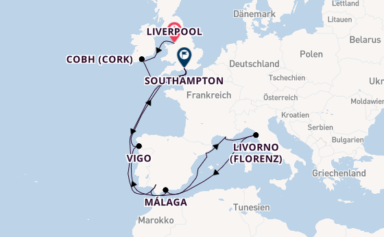 Westliches Mittelmeer ab Liverpool, England auf der Queen Mary 2
