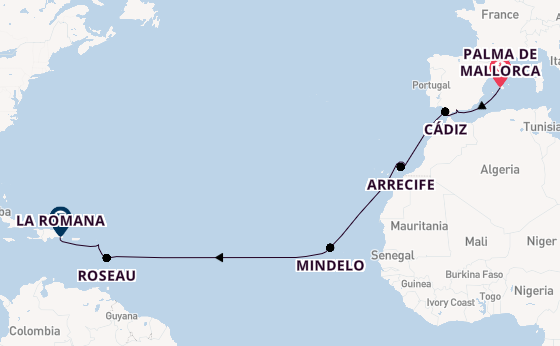 Caribbean vanaf Palma de Mallorca, Mallorca, Spanje met de Mein Schiff 4