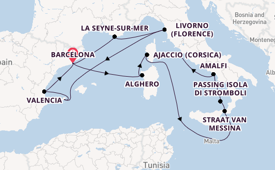 Westelijke Middellandse Zee vanaf Barcelona, Spanje met de Queen Victoria