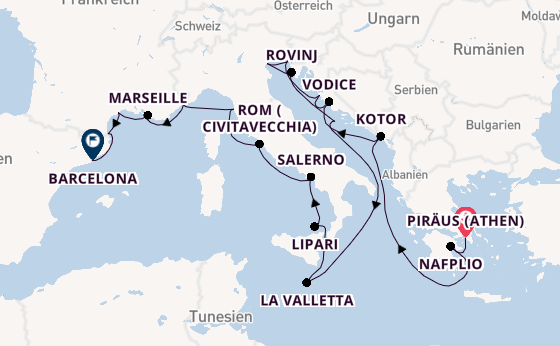 Mittelmeer ab Piräus (Athen), Griechenland auf der Seabourn Ovation