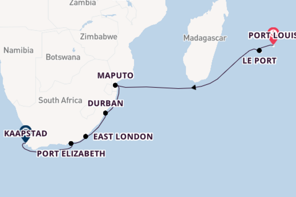 Zuidelijk Afrika vanaf Port Louis, Mauritius met AIDAstella