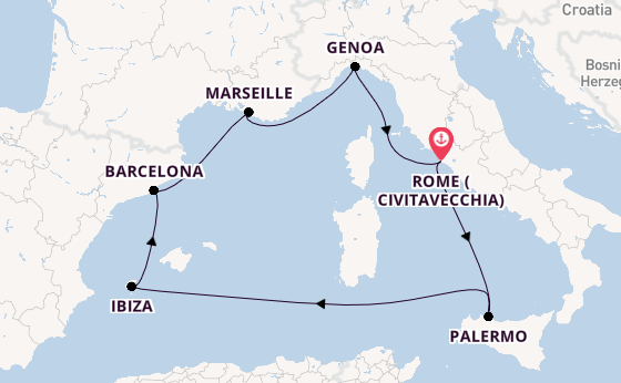 Western Mediterranean from Rome (Civitavecchia), Italy with the MSC Seaview