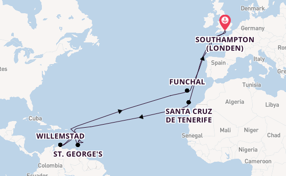 Caribbean vanaf Southampton (Londen), Engeland met de Queen Mary 2