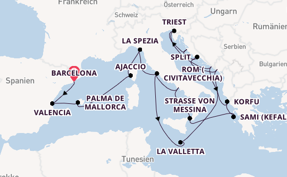 Mittelmeer ab Barcelona, Spanien auf der Queen Elizabeth