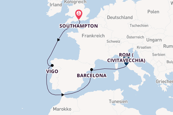 Westliches Mittelmeer ab Southampton, Großbritannien auf der Queen Mary 2