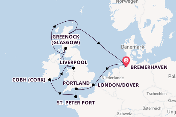 Britische Inseln ab Bremerhaven, Deutschland auf der Mein Schiff 3