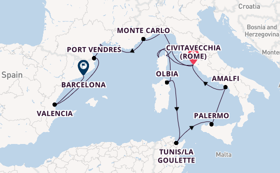 Westelijke Middellandse Zee vanaf Civitavecchia (Rome), Italië met de Seabourn Ovation