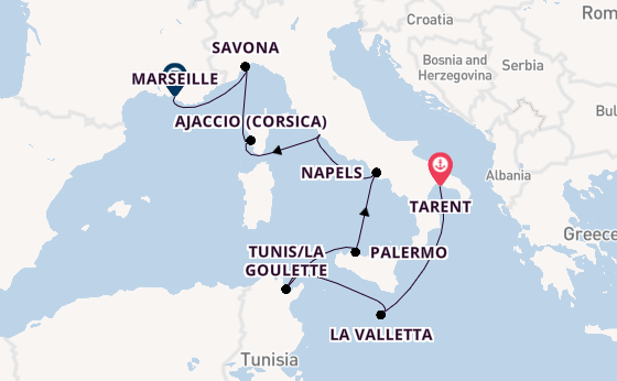 Westelijke Middellandse Zee vanaf Tarent, Italië met de Costa Fascinosa