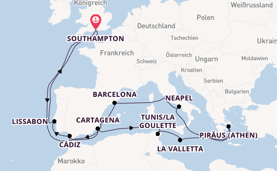 Mittelmeer ab Southampton, Großbritannien auf der Ventura