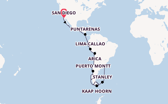 Zuid-Amerika vanaf San Diego, Verenigde Staten met de Nieuw Amsterdam