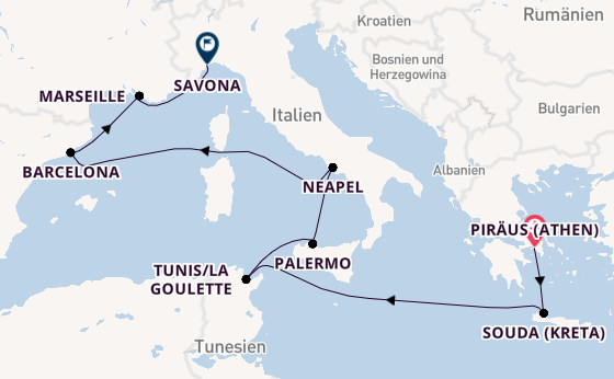 Mittelmeer ab Piräus (Athen), Griechenland auf der Costa Pacifica
