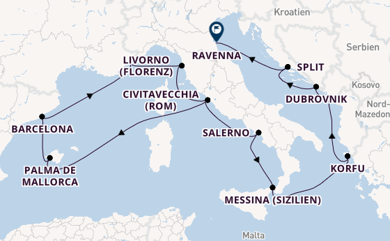 Mittelmeer ab Civitavecchia (Rom), Italien auf der Norwegian Prima