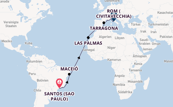 Transatlantik ab Santos (Sao Paulo), Brasilien auf der MSC Musica