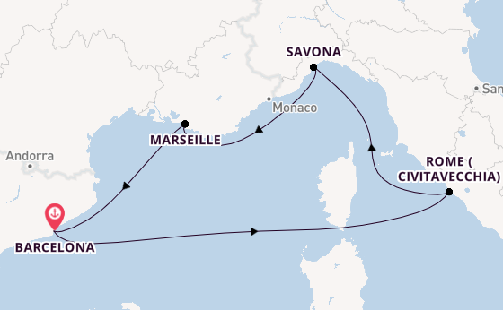Western Mediterranean from Barcelona, Spain with the Costa Smeralda