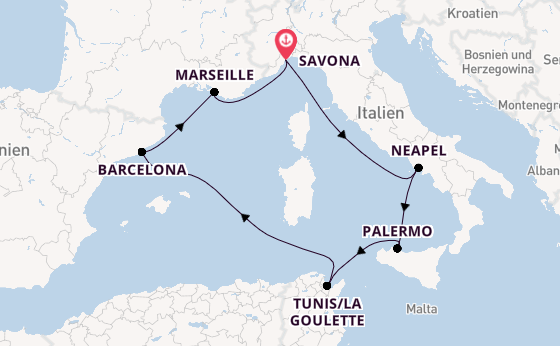 Westliches Mittelmeer ab Savona, Italien auf der Costa Pacifica