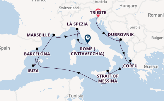 Western Mediterranean from Trieste, Italy with the Queen Elizabeth