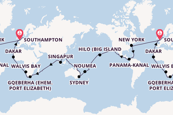 Weltreise ab Southampton, Großbritannien auf der Queen Victoria