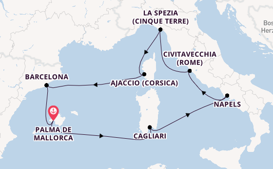 Westelijke Middellandse Zee vanaf Palma de Mallorca, Mallorca, Spanje met AIDAperla