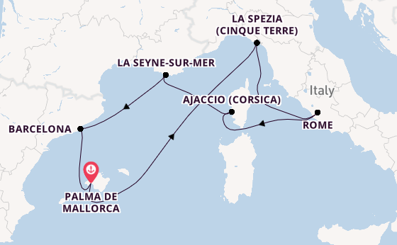 Westelijke Middellandse Zee vanaf Palma de Mallorca, Mallorca, Spanje met de Mein Schiff 1