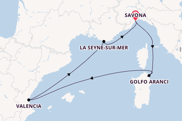 Westelijke Middellandse Zee vanaf Savona, Italië met de Costa Fascinosa