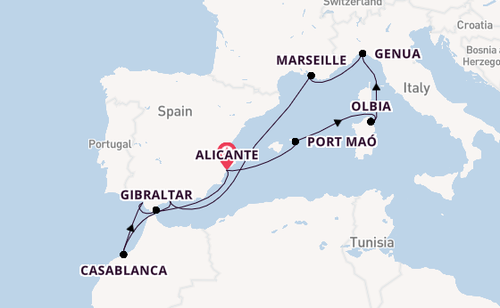 Westelijke Middellandse Zee vanaf Alicante, Spanje met de MSC Sinfonia