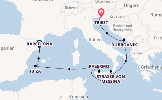 Westliches Mittelmeer ab Triest, Italien auf der Queen Elizabeth