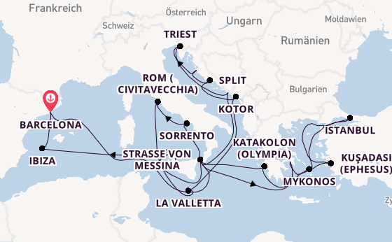 Mittelmeer ab Barcelona, Spanien auf der Queen Elizabeth