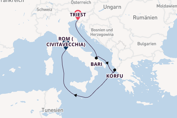 Westliches Mittelmeer ab Triest, Italien auf der Costa Deliziosa