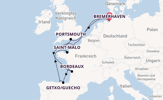 England ab Bremerhaven, Deutschland auf der Artania